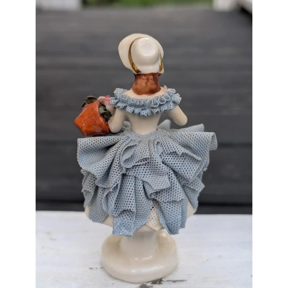 Vintage Dresden Porcelain Lace Figurine Carrying Basket of Flowers